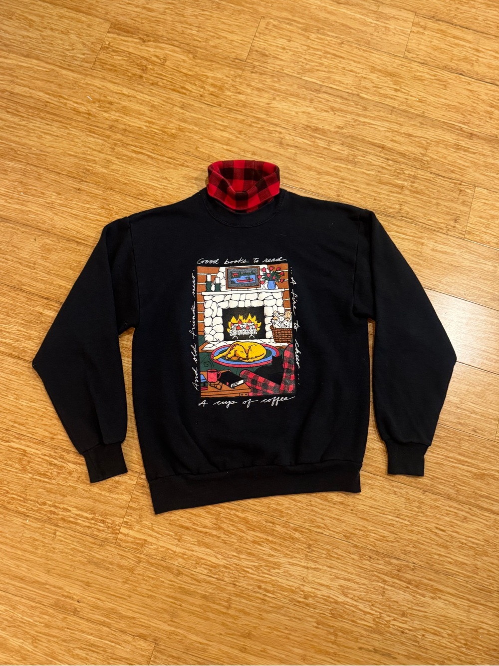 Vintage 90s Gopher Sport dog sleeping fireplace coffee graphic turtleneck